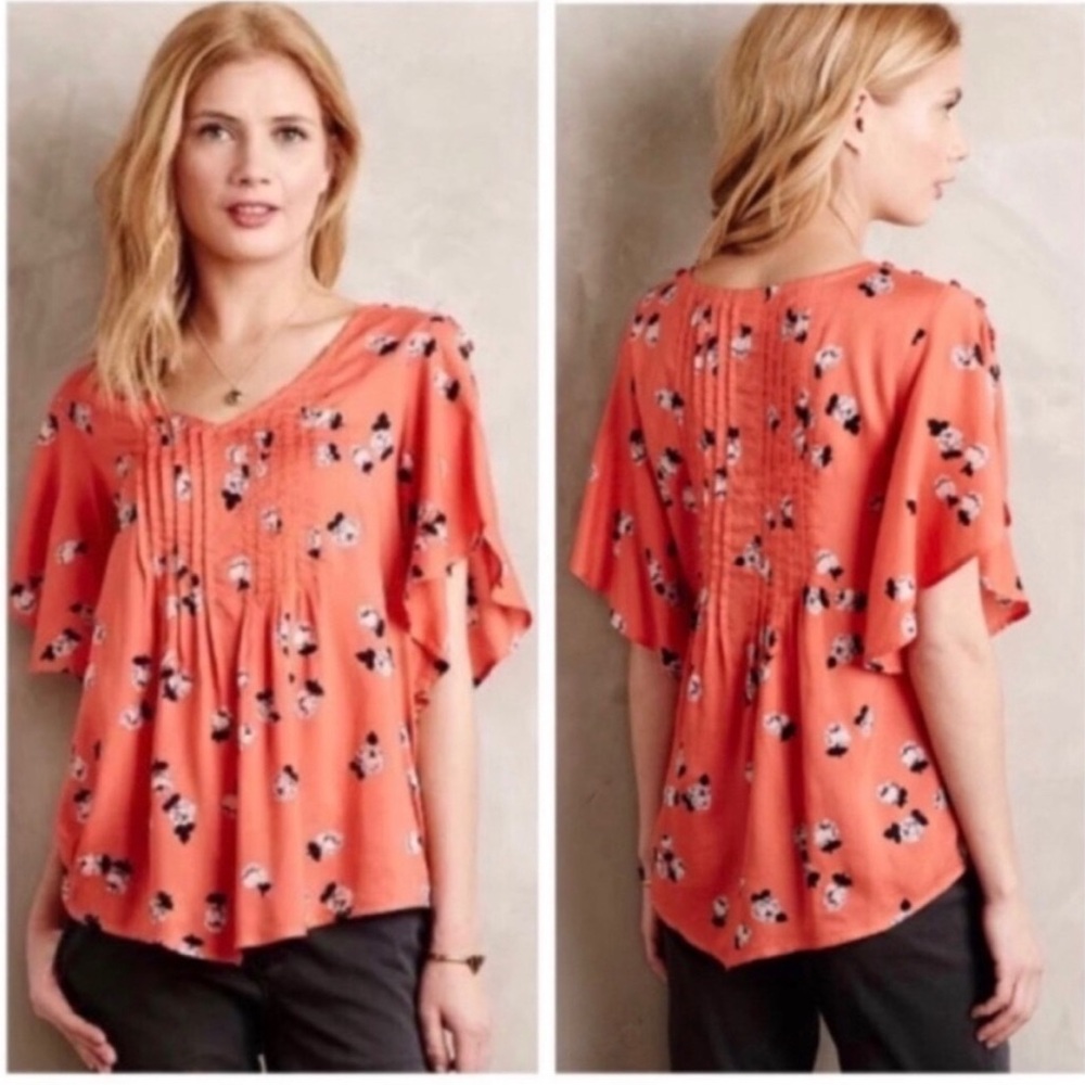 Anthropologie Maeve Maya Coral Floral Flutter Sleeve Blouse